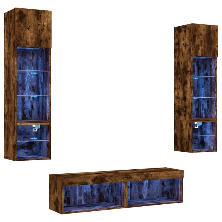 6-delige tv-wandmeubelset met LED bewerkt hout gerookt eiken