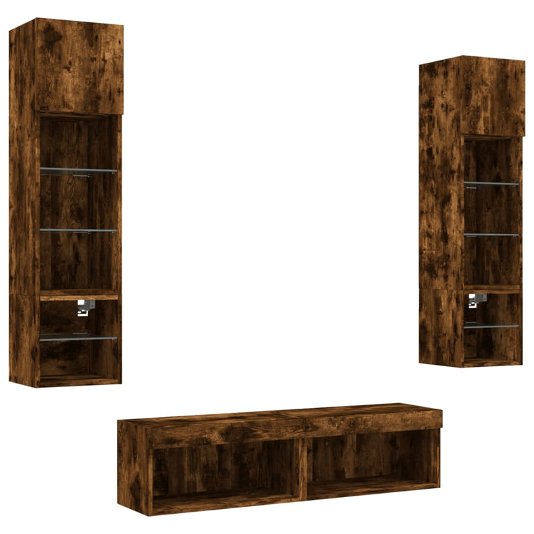 6-delige tv-wandmeubelset met LED bewerkt hout gerookt eiken