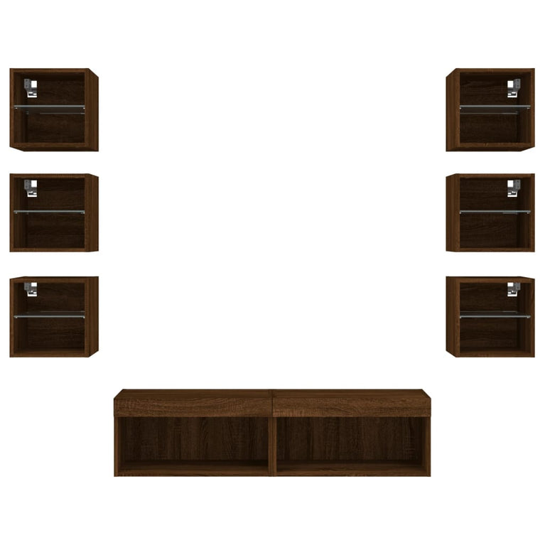 8-delige Tv-wandmeubelset met LED bewerkt hout bruineikenkleur