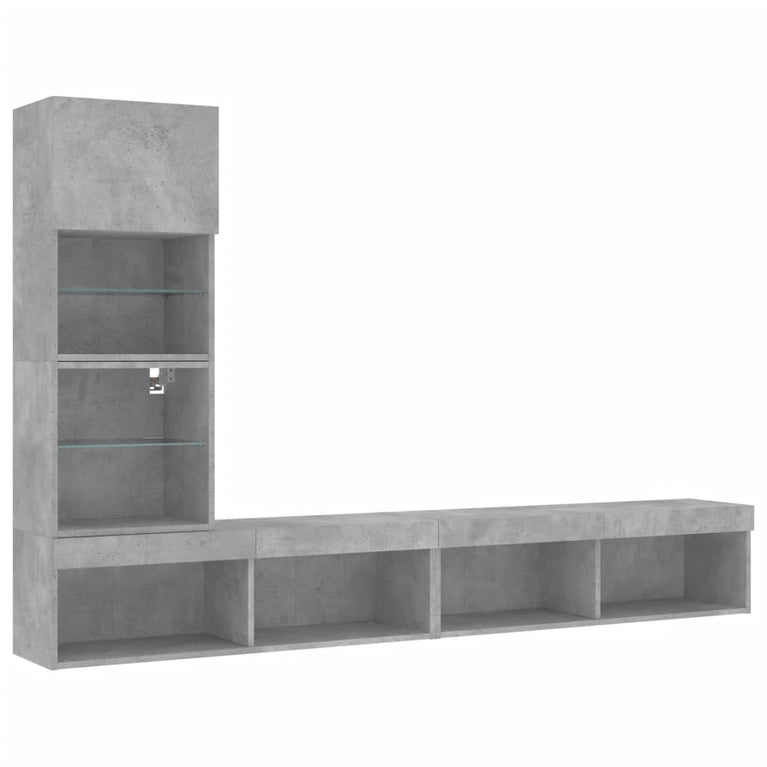 4-delige Tv-wandmeubelset met LED bewerkt hout betongrijs