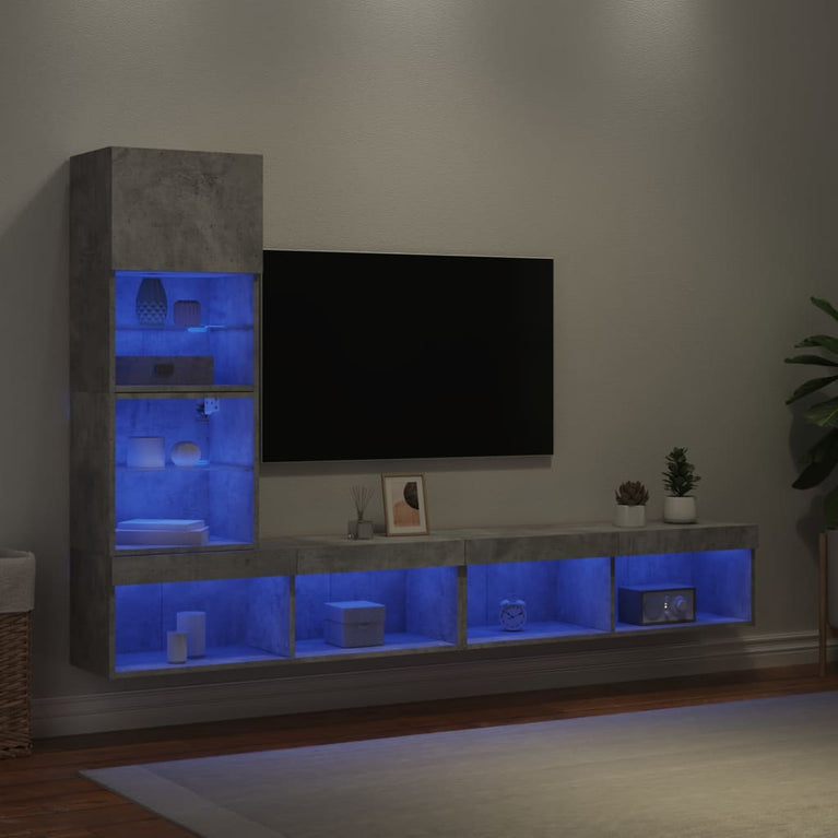 4-delige Tv-wandmeubelset met LED bewerkt hout betongrijs