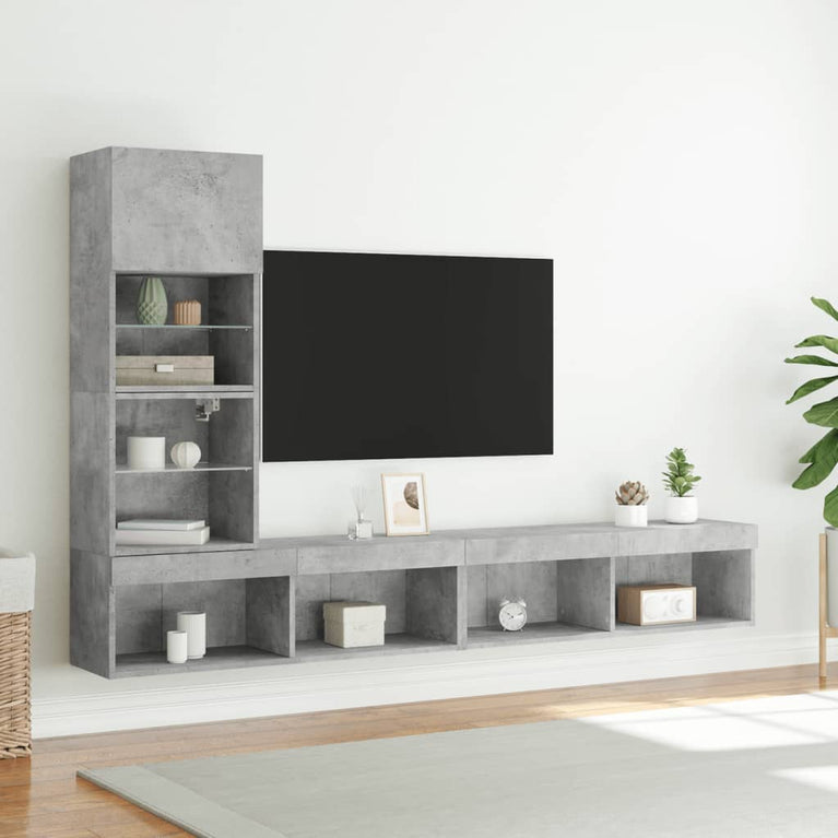 4-delige Tv-wandmeubelset met LED bewerkt hout betongrijs
