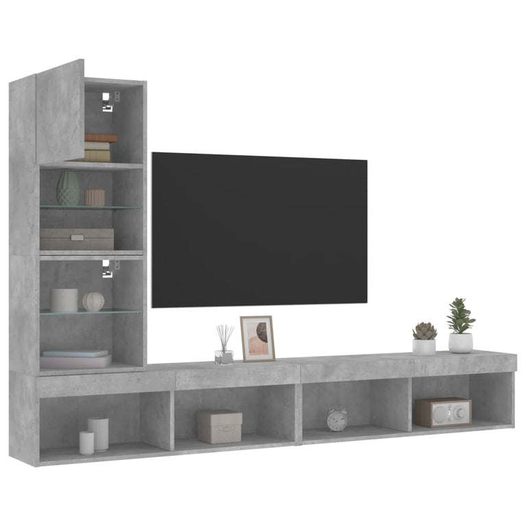 4-delige Tv-wandmeubelset met LED bewerkt hout betongrijs