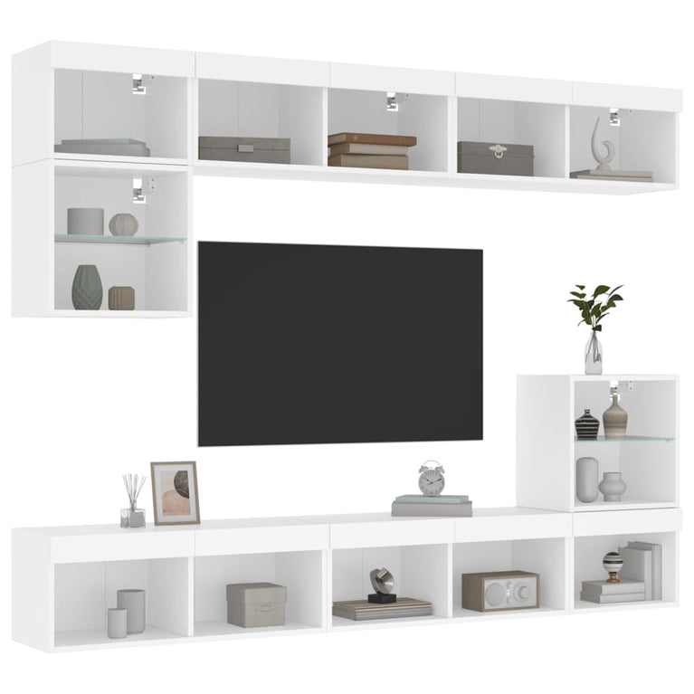 8-delige Tv-wandmeubelset met LED-verlichting bewerkt hout wit