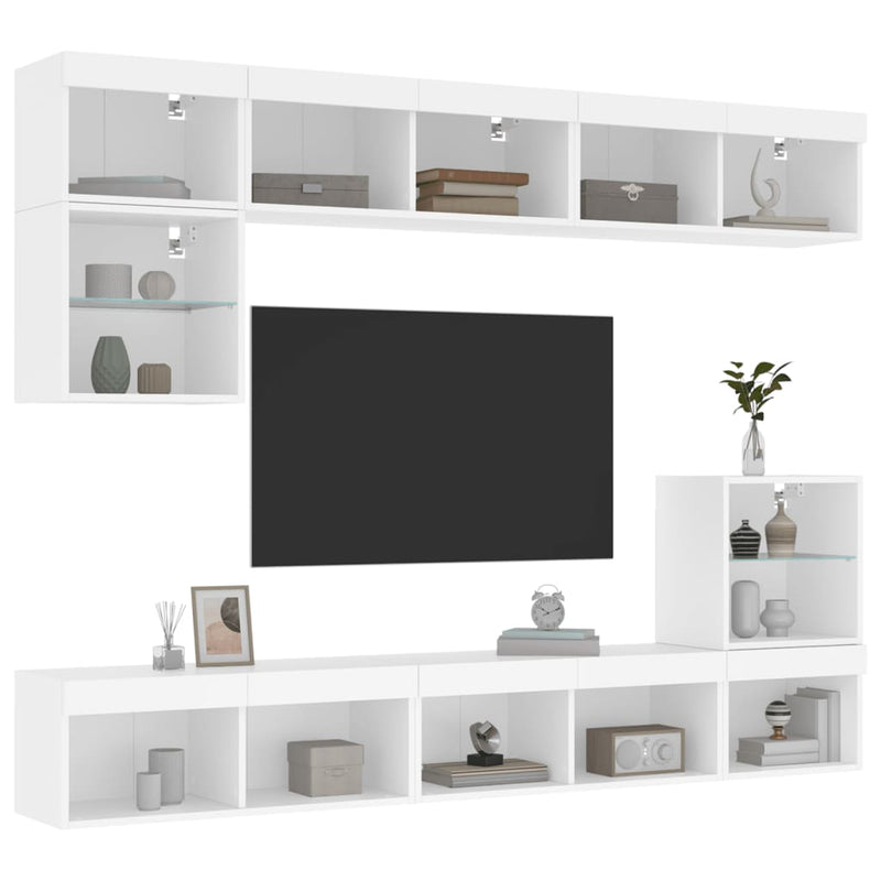 8-delige Tv-wandmeubelset met LED-verlichting bewerkt hout wit