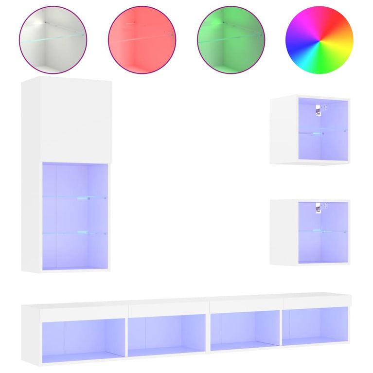 5-delige Tv-wandmeubelset met LED-verlichting bewerkt hout wit
