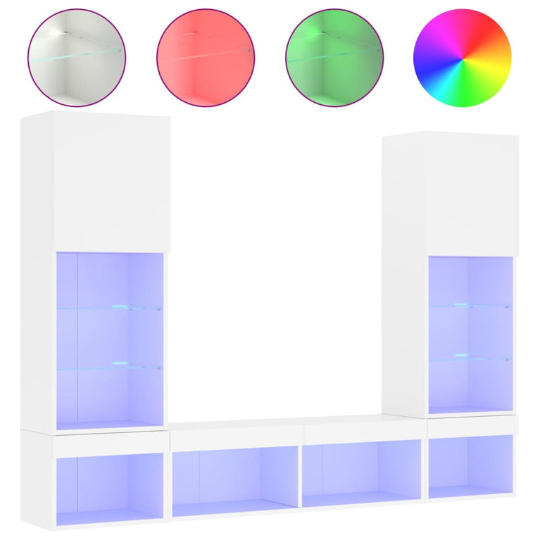 5-delige Tv-wandmeubelset met LED-verlichting bewerkt hout wit