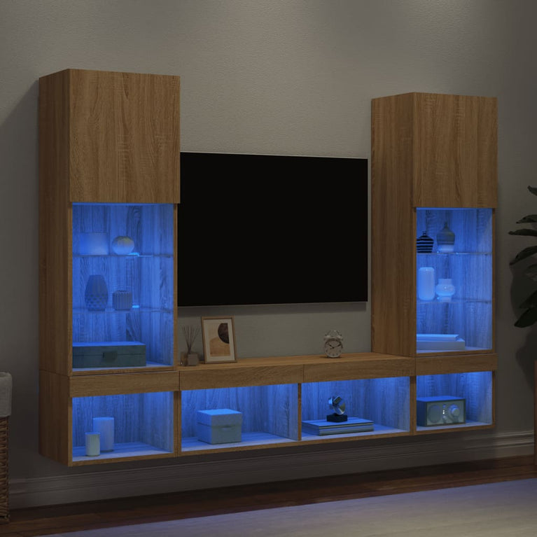 5-delige Tv-wandmeubelset met LED bewerkt hout sonoma eiken