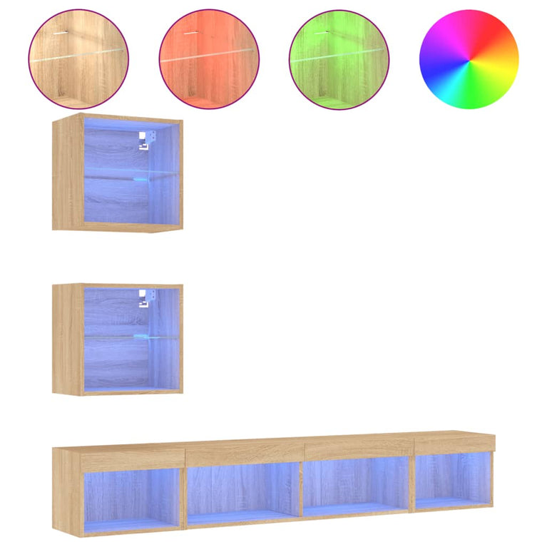 5-delige Tv-wandmeubelset met LED bewerkt hout sonoma eiken