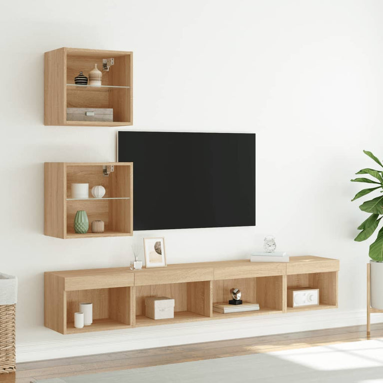 5-delige Tv-wandmeubelset met LED bewerkt hout sonoma eiken