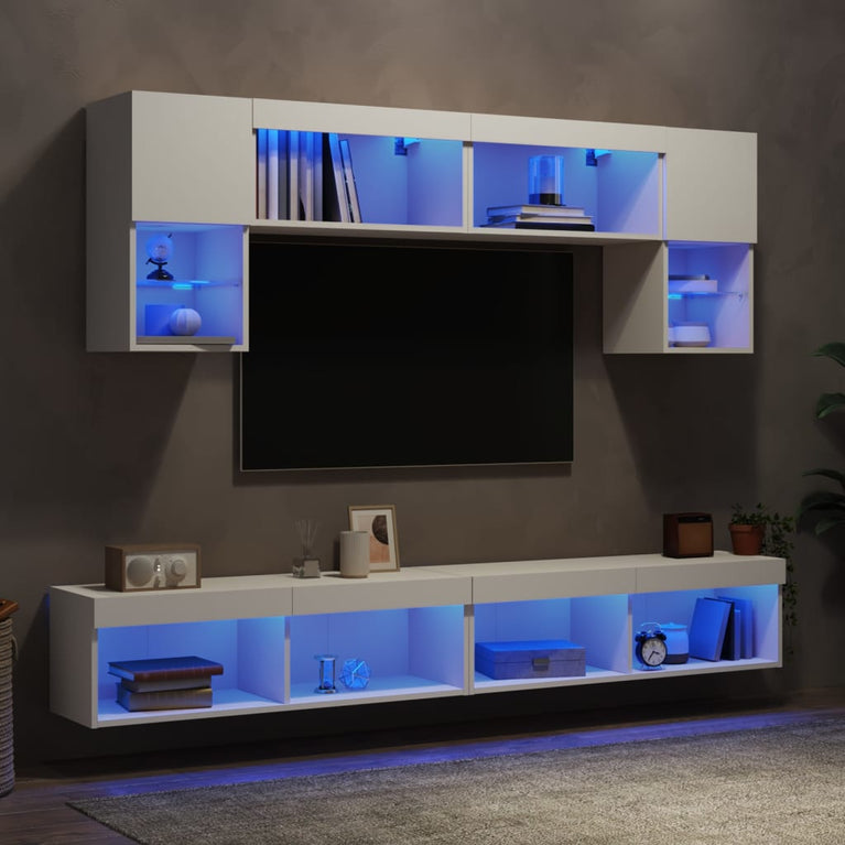 6-delige Tv-wandmeubelset met LED-verlichting bewerkt hout wit