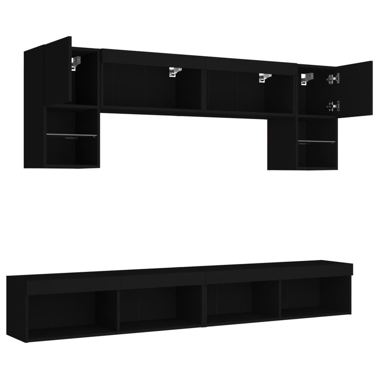 6-delige Tv-wandmeubelset met LED bewerkt hout zwart