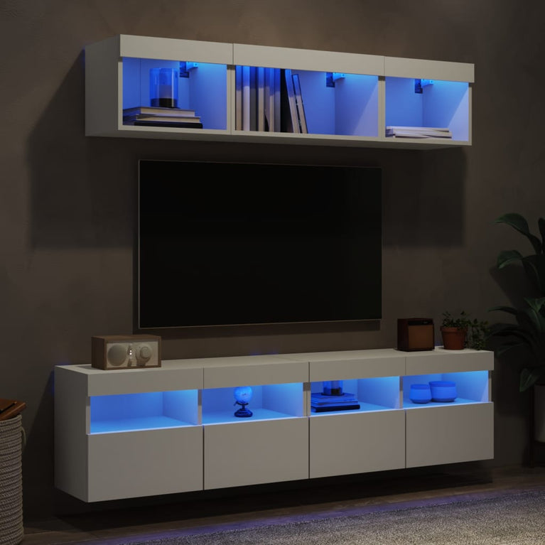 5-delige Tv-wandmeubelset met LED-verlichting bewerkt hout wit