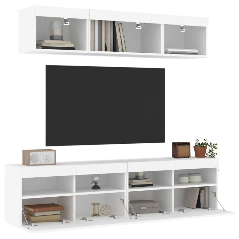 5-delige Tv-wandmeubelset met LED-verlichting bewerkt hout wit