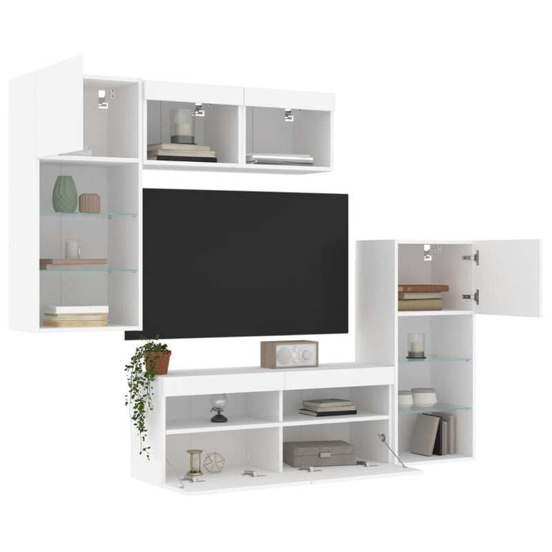5-delige Tv-wandmeubelset met LED-verlichting bewerkt hout wit