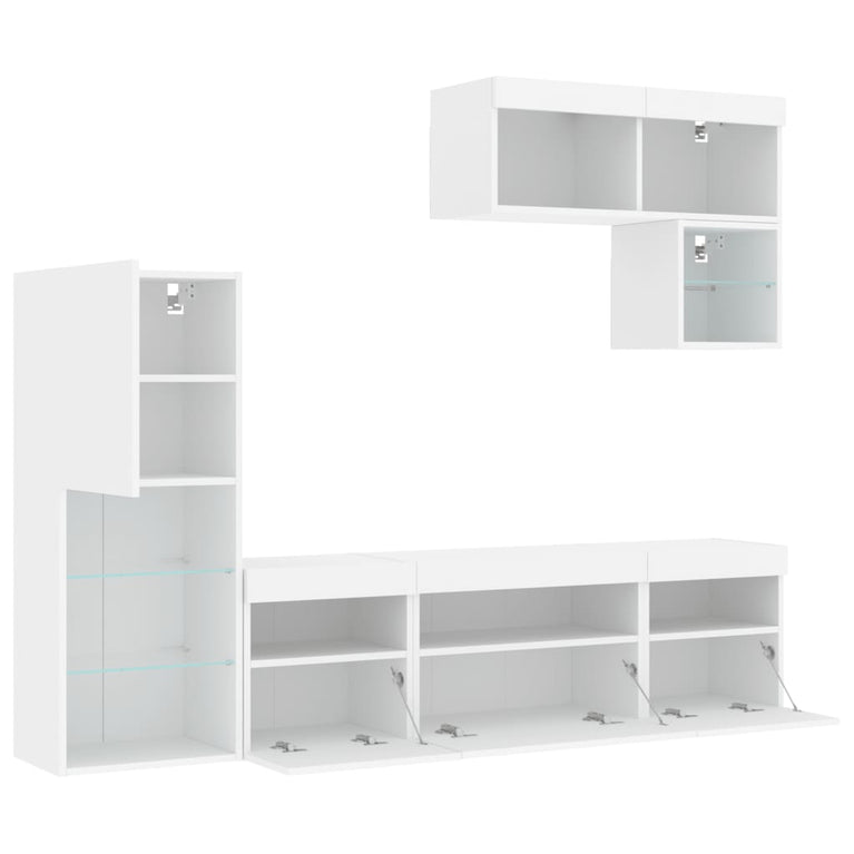 6-delige Tv-wandmeubelset met LED-verlichting bewerkt hout wit