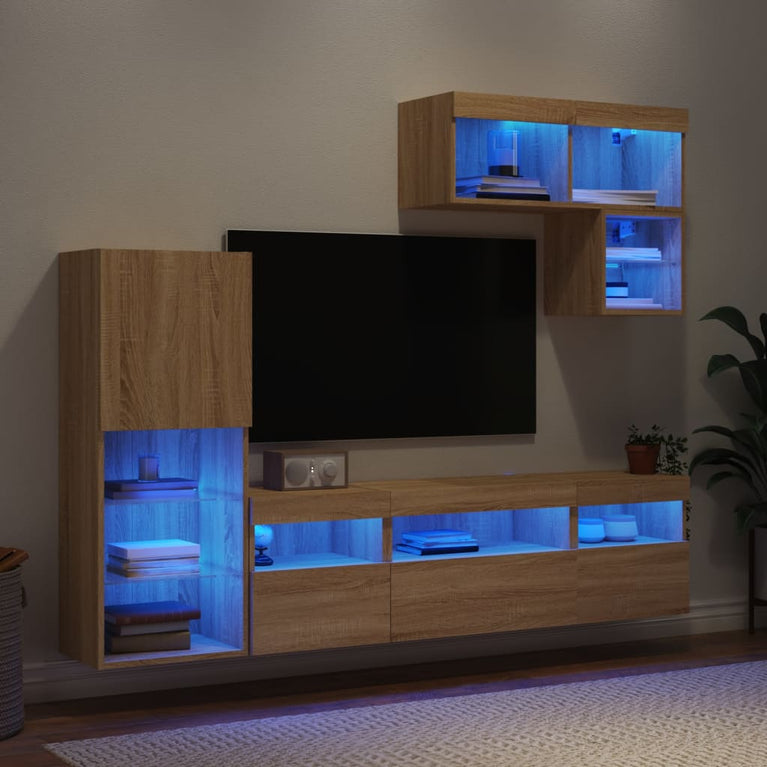 6-delige Tv-wandmeubelset met LED bewerkt hout sonoma eiken