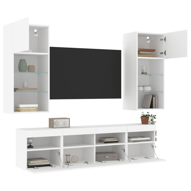 5-delige Tv-wandmeubelset met LED-verlichting bewerkt hout wit