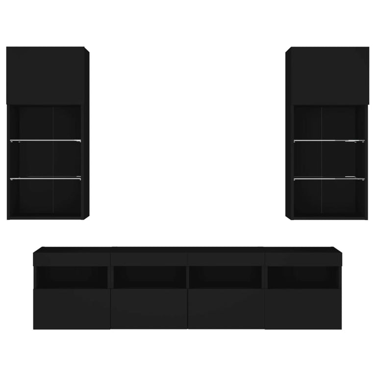 5-delige Tv-wandmeubelset met LED bewerkt hout zwart