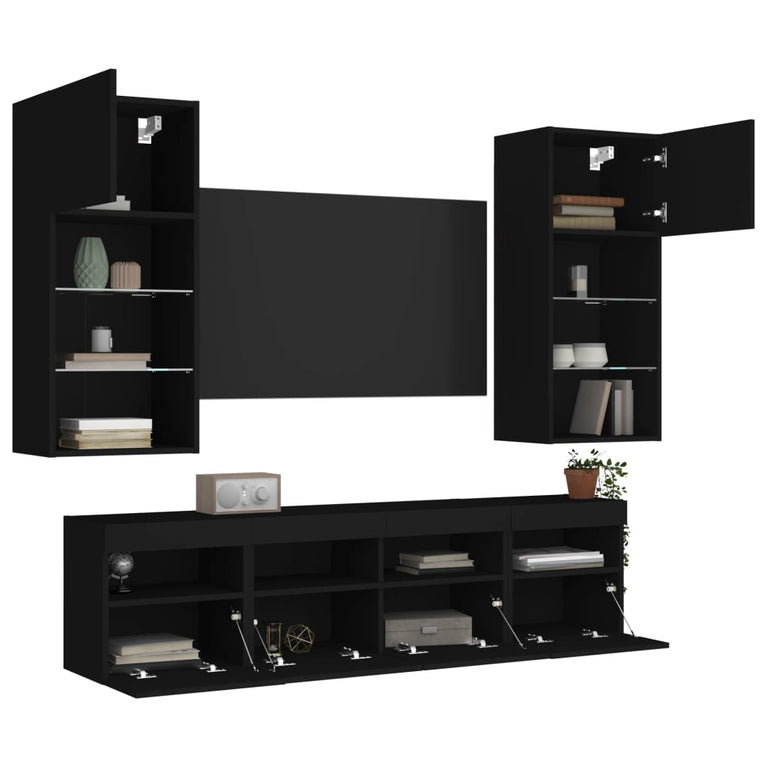 5-delige Tv-wandmeubelset met LED bewerkt hout zwart