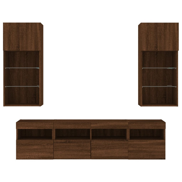 5-delige Tv-wandmeubelset met LED bewerkt hout bruineikenkleur