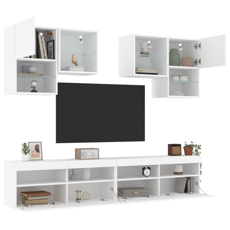6-delige Tv-wandmeubelset met LED-verlichting wit