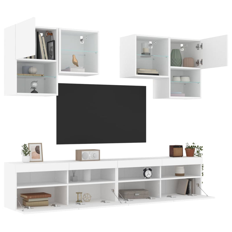 6-delige Tv-wandmeubelset met LED-verlichting wit