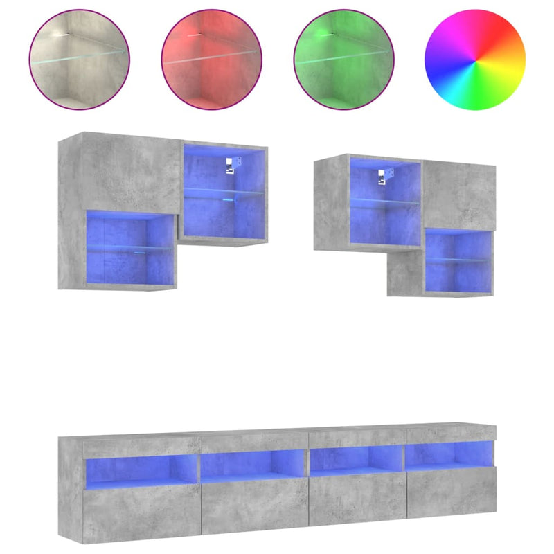 6-delige Tv-wandmeubelset met LED-verlichting betongrijs