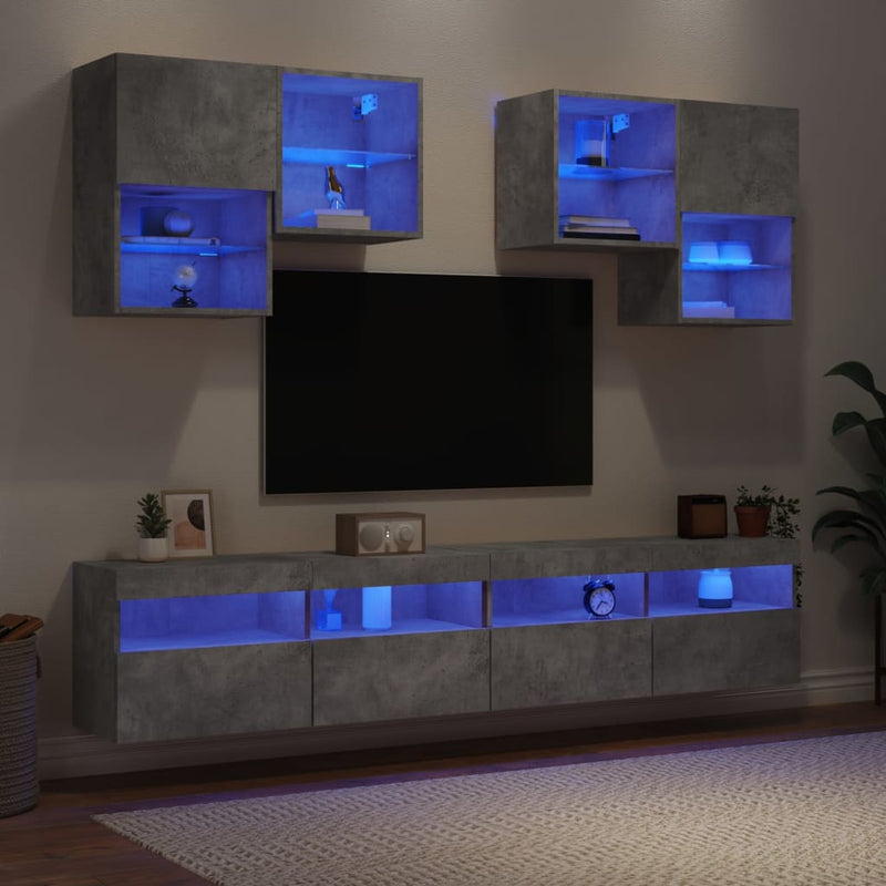 6-delige Tv-wandmeubelset met LED-verlichting betongrijs