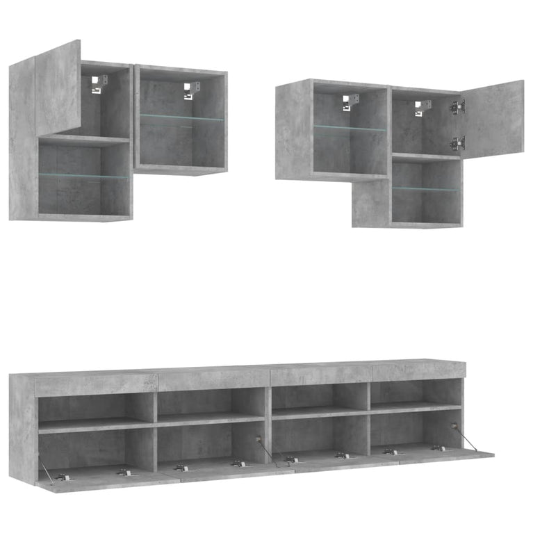 6-delige Tv-wandmeubelset met LED-verlichting betongrijs