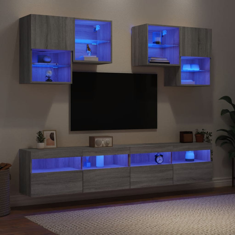 6-delige Tv-wandmeubelset met LED-verlichting grijs sonoma