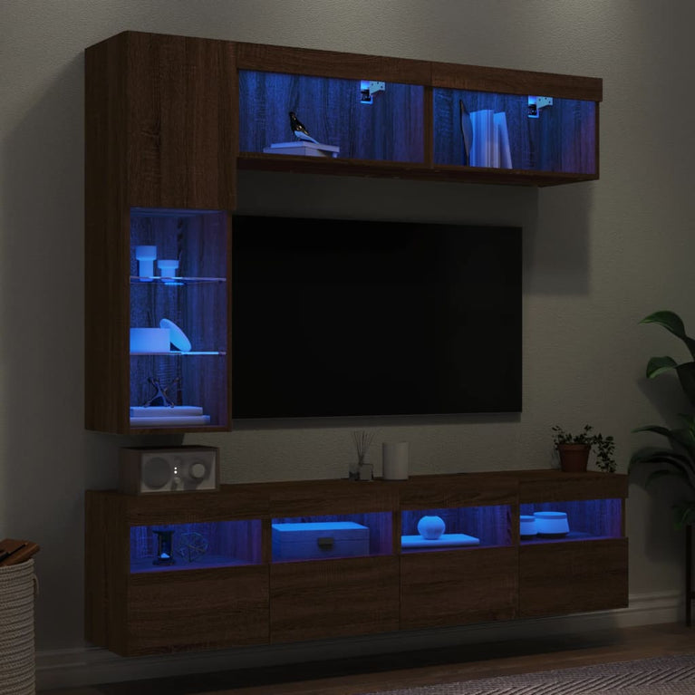 7-delige Tv-wandmeubelset met LED-verlichting bruineikenkleurig