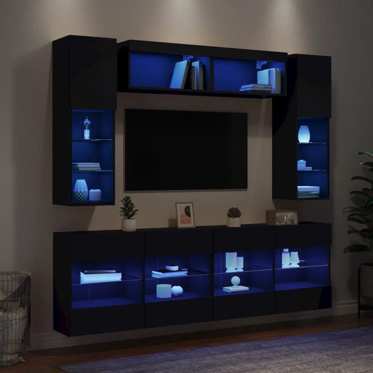 6-delige Tv-wandmeubelset met LED-verlichting zwart