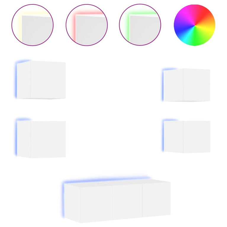 6-delige Tv-wandmeubelset met LED-verlichting bewerkt hout wit