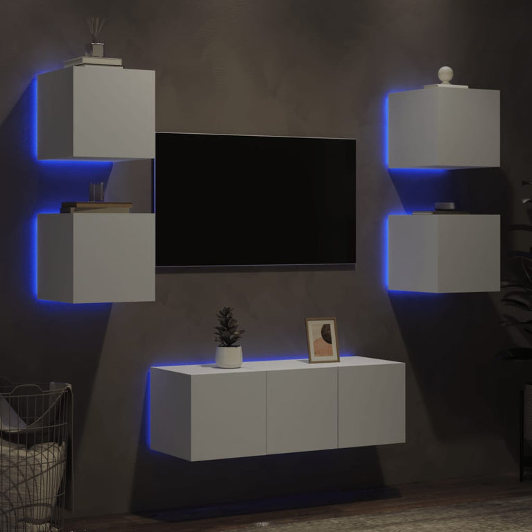 6-delige Tv-wandmeubelset met LED-verlichting bewerkt hout wit