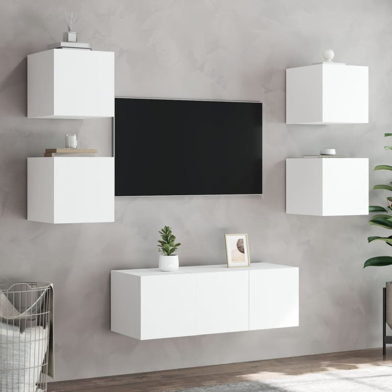 6-delige Tv-wandmeubelset met LED-verlichting bewerkt hout wit