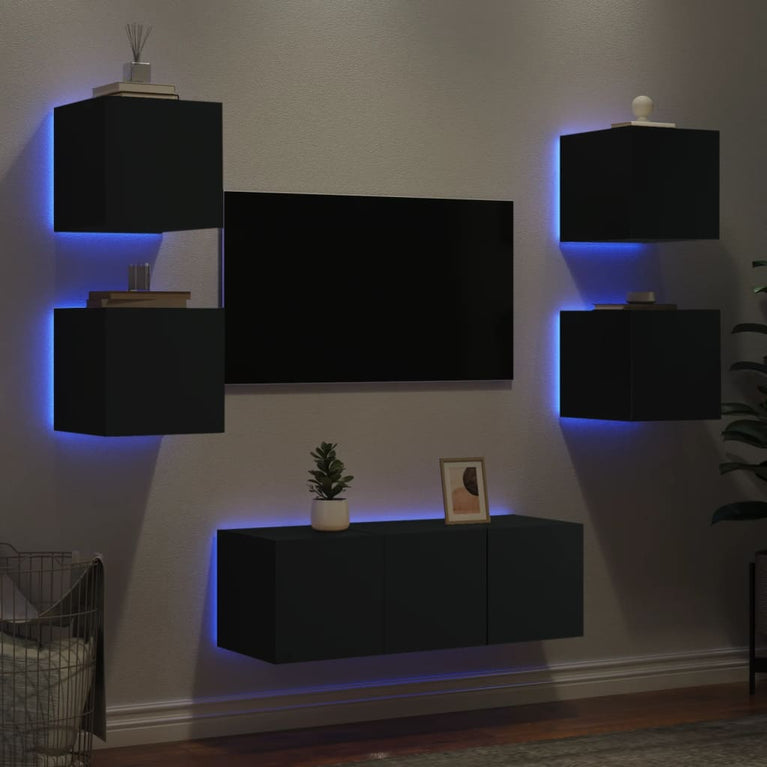 6-delige Tv-wandmeubelset met LED bewerkt hout zwart
