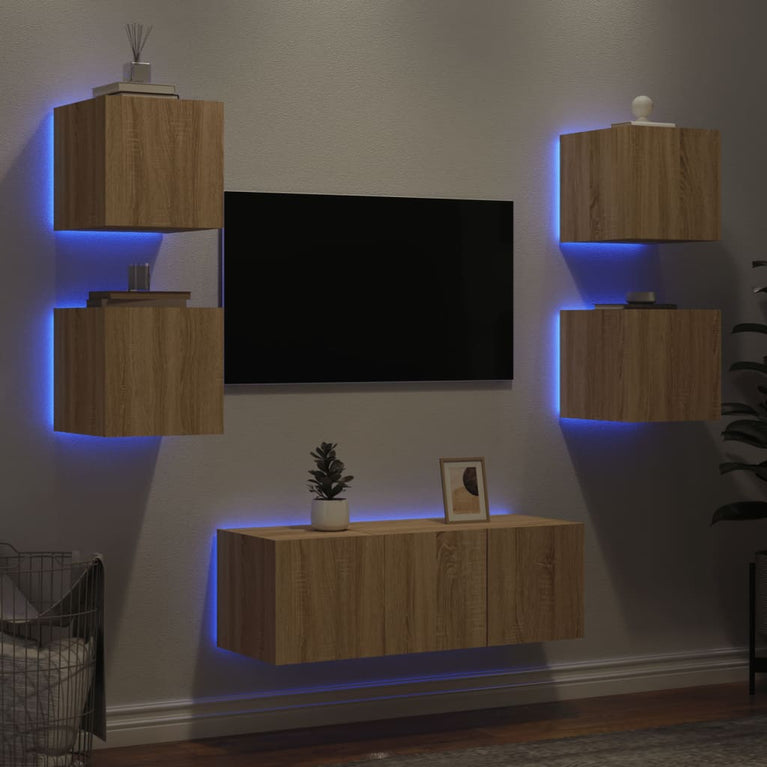 6-delige Tv-wandmeubelset met LED bewerkt hout sonoma eiken