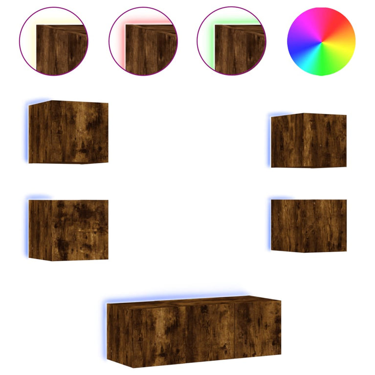 6-delige tv-wandmeubelset met LED bewerkt hout gerookt eiken