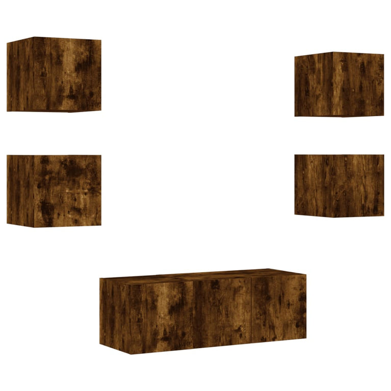 6-delige tv-wandmeubelset met LED bewerkt hout gerookt eiken