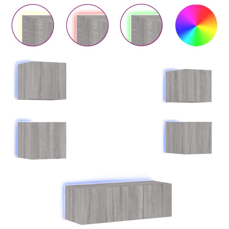 6-delige Tv-wandmeubelset met LED grijs sonoma eikenkleurig