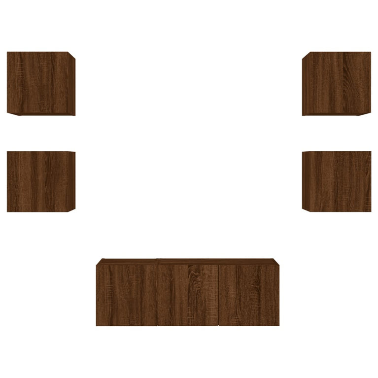 6-delige Tv-wandmeubelset met LED bewerkt hout bruineikenkleur