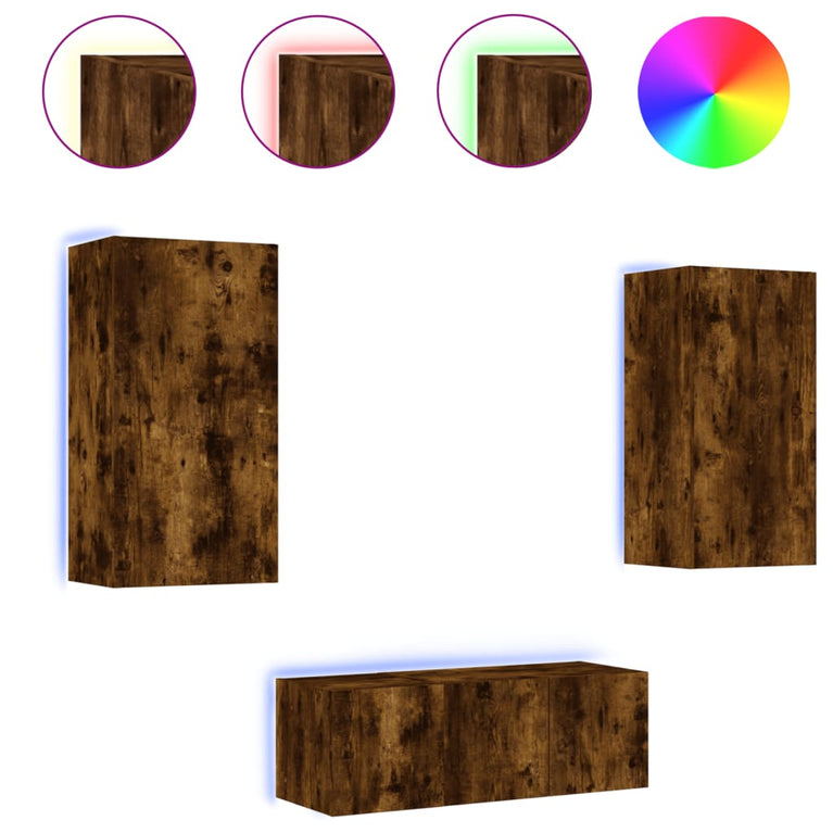 8-delige tv-wandmeubelset met LED bewerkt hout gerookt eiken