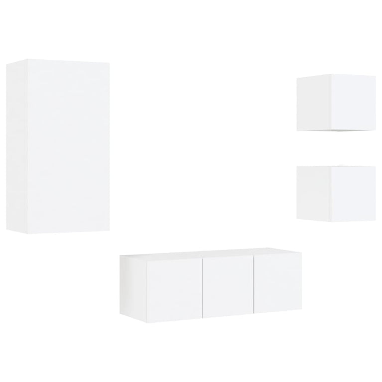 5-delige Tv-wandmeubelset met LED-verlichting bewerkt hout wit