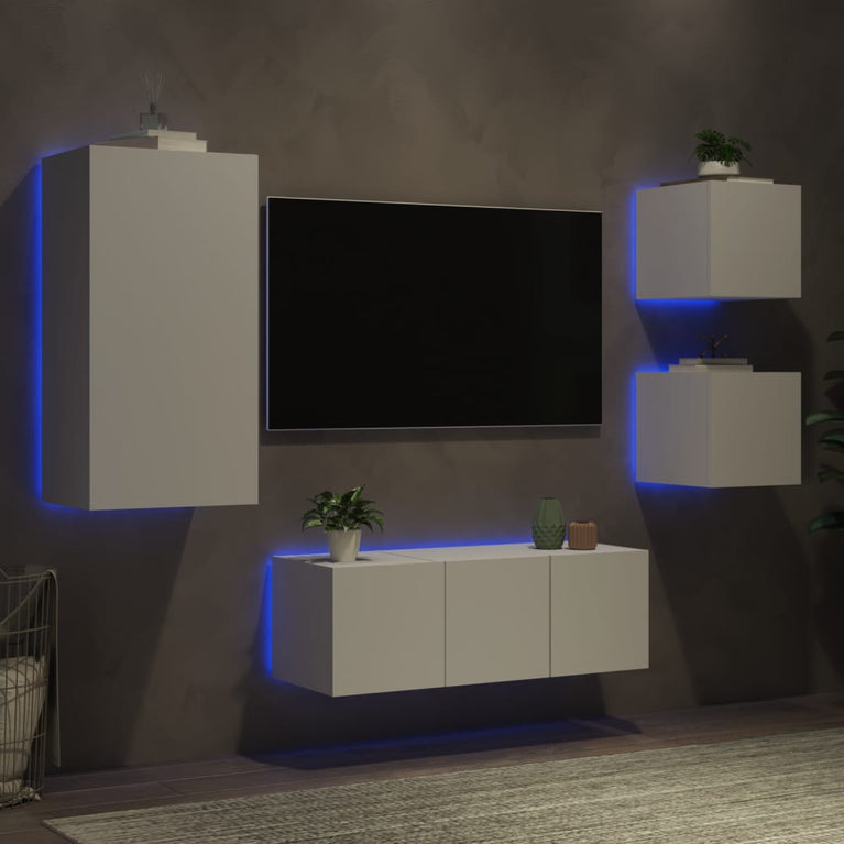 5-delige Tv-wandmeubelset met LED-verlichting bewerkt hout wit