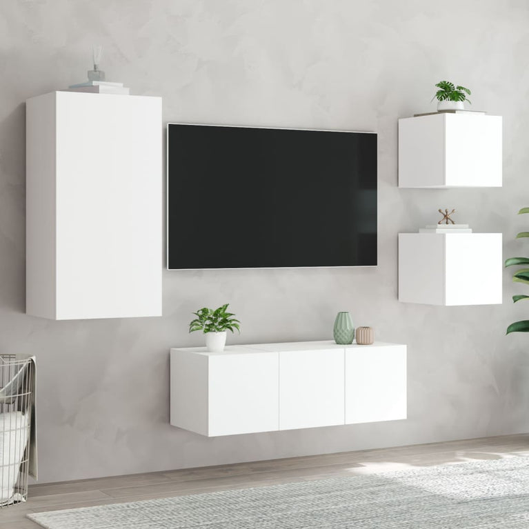 5-delige Tv-wandmeubelset met LED-verlichting bewerkt hout wit