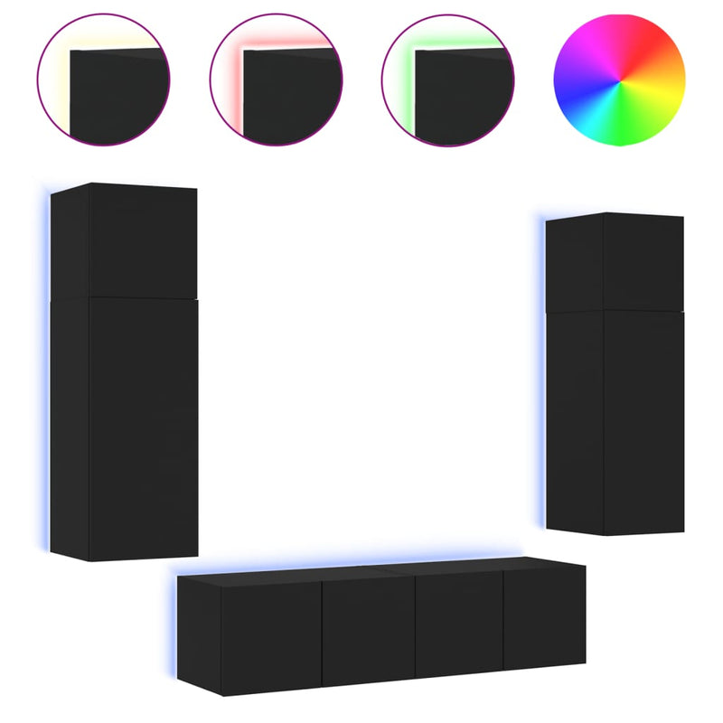 6-delige Tv-wandmeubelset met LED bewerkt hout zwart