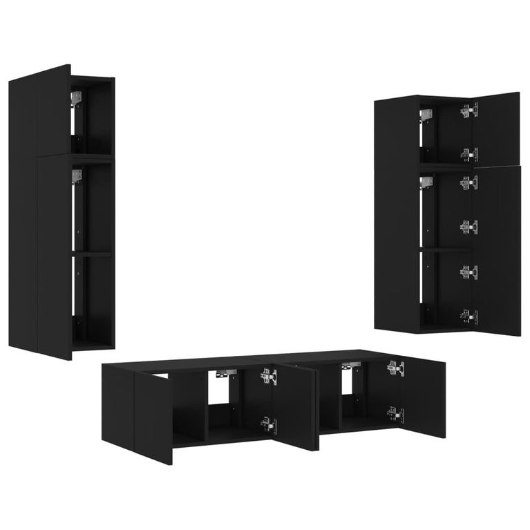 6-delige Tv-wandmeubelset met LED bewerkt hout zwart