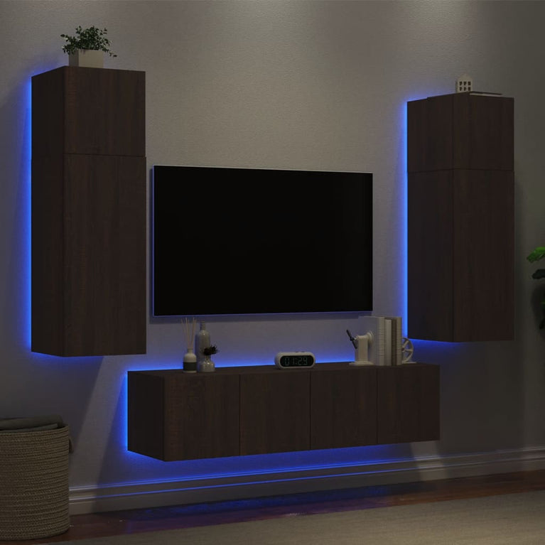 6-delige Tv-wandmeubelset met LED bewerkt hout bruineikenkleur