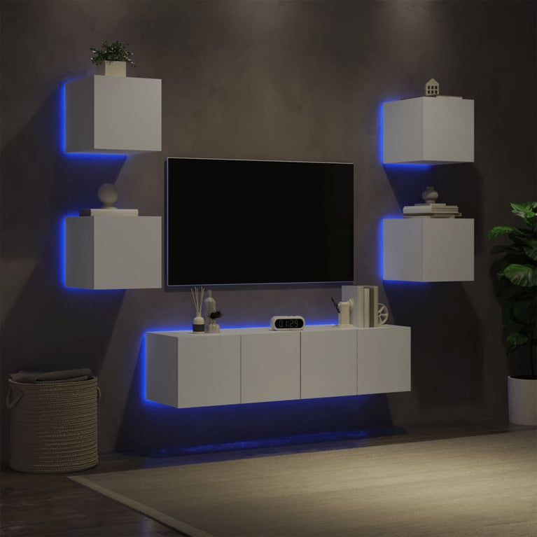 6-delige Tv-wandmeubelset met LED-verlichting bewerkt hout wit